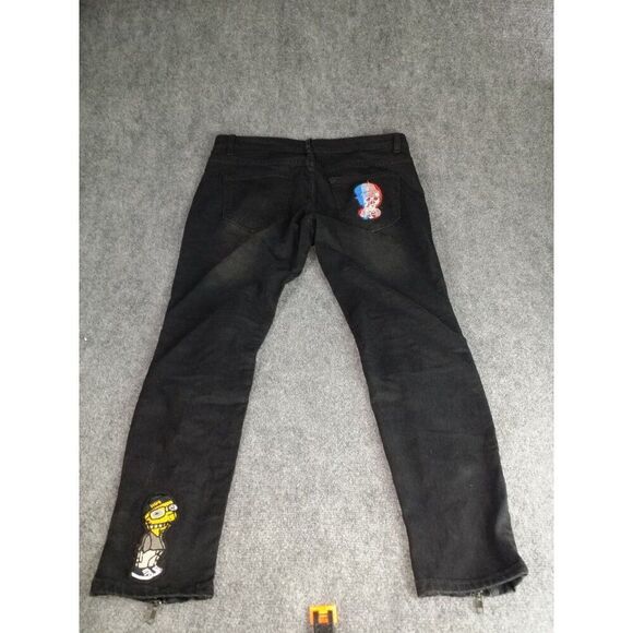 Bart Simpson Jeans Men Sz L Black Straight Leg Embroidered Zippers Streetwear‎ - Picture 7 of 8